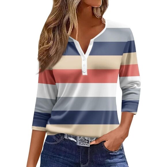 Tops - 3/4 Sleeve Womens Top Cotton Polyester Large Fall Shirt Pullover